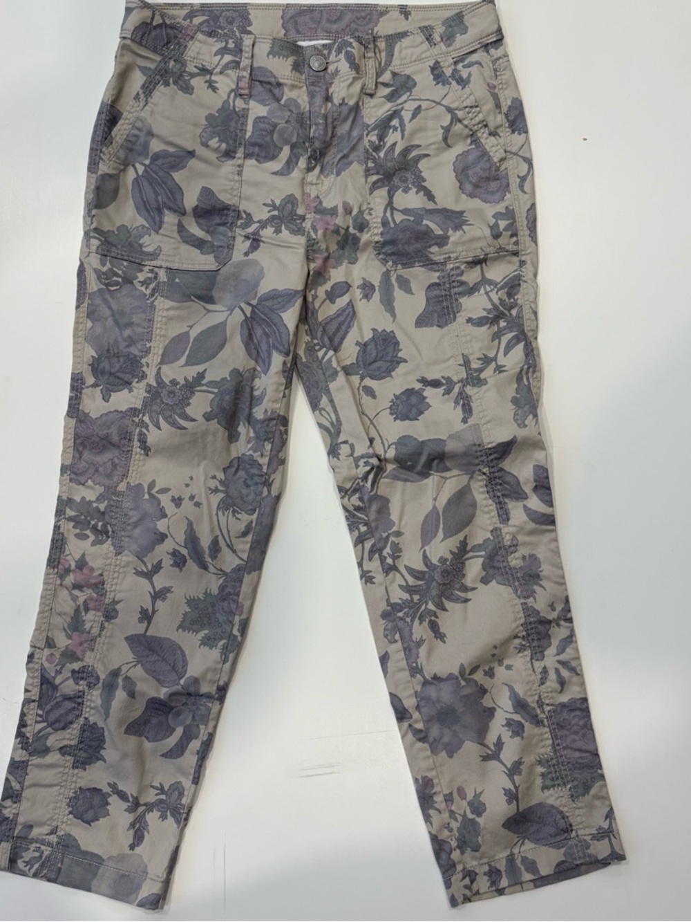 Chico's Beige Floral Cropped Pants with Muted Grey, Mauve & Green print. Size 2